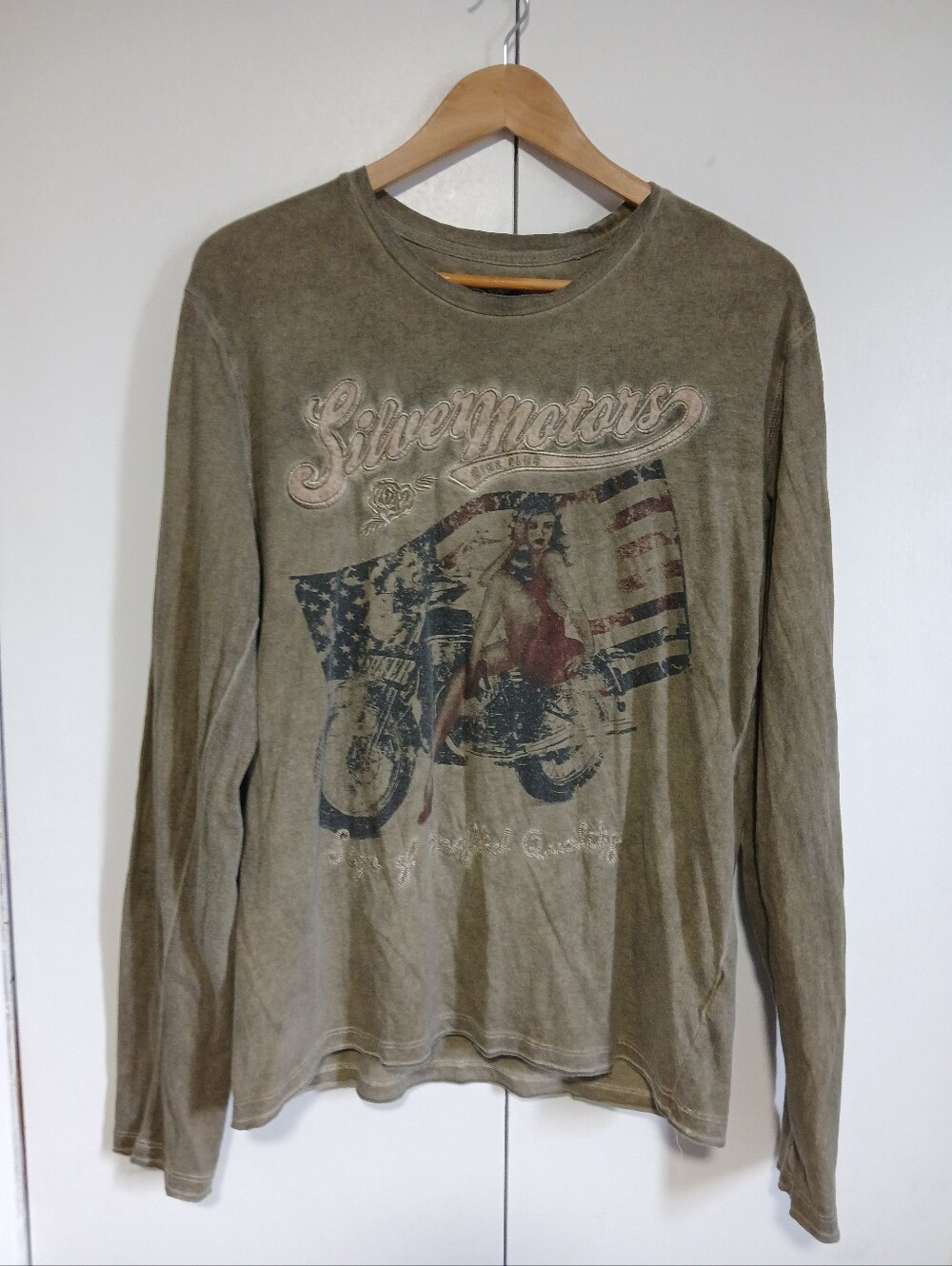 Silver Jeans Co Mens L Mineral Wash Pin Up Biker Long Sleeve Shirt Olive Green